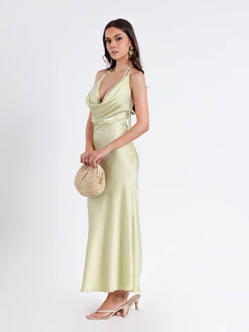 Deep Cowl Neck Back Tie Up Satin Maxi Dress