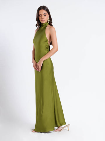 Halter Neck Back Tie Up Bias Satin Maxi Dress