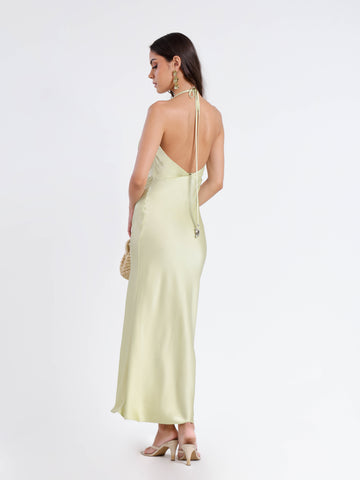 Deep Cowl Neck Back Tie Up Satin Maxi Dress