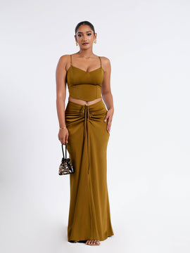 Front Ruched Satin Maxi Skirt