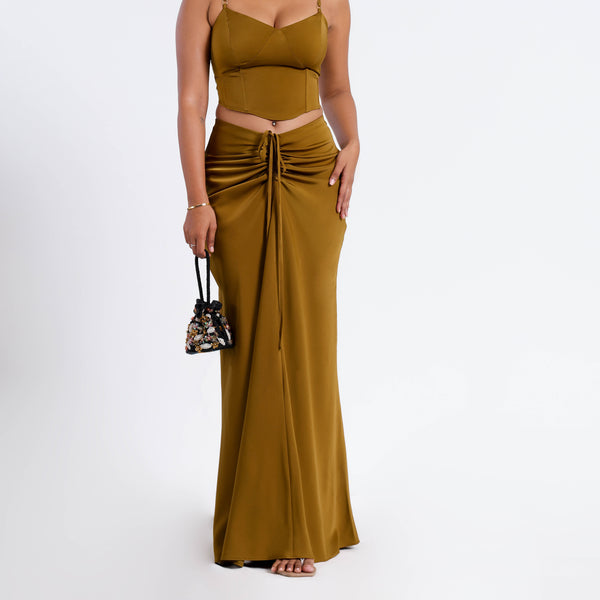 Front Ruched Satin Maxi Skirt