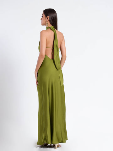 Halter Neck Back Tie Up Bias Satin Maxi Dress