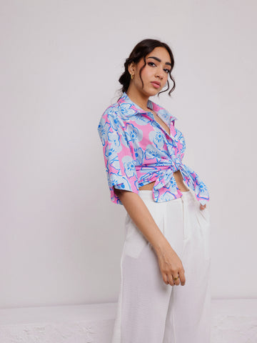 Button Down Oversized Short Sleeved Printed Top