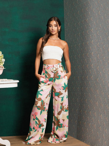 High Waist Belt Detailed Printed Pant