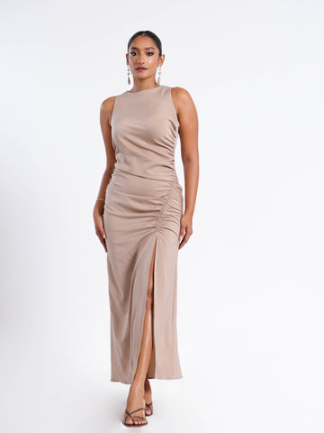 Side Ruched Slit Detailed High Neck Satin Midi Dress