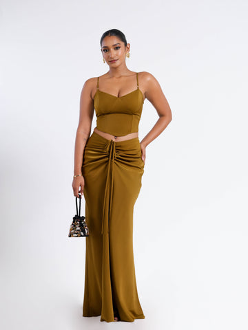 Front Ruched Satin Maxi Skirt