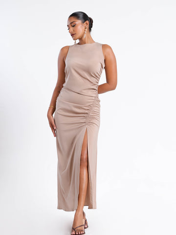 Side Ruched Slit Detailed High Neck Satin Midi Dress