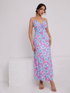 Front Ruched Sleeveless Printed Maxi Dress