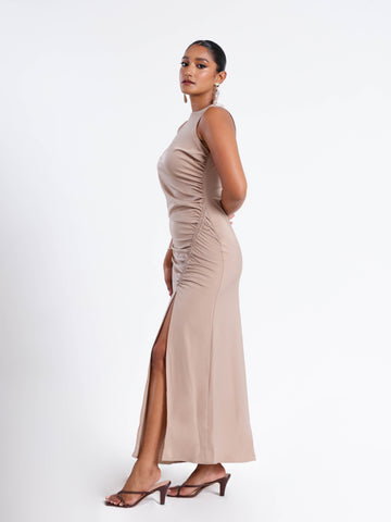 Side Ruched Slit Detailed High Neck Satin Midi Dress