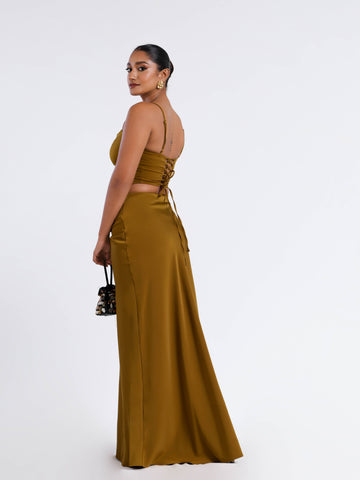 Front Ruched Satin Maxi Skirt