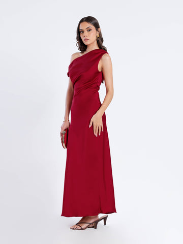 Off Shoulder Bias Satin Maxi Dress