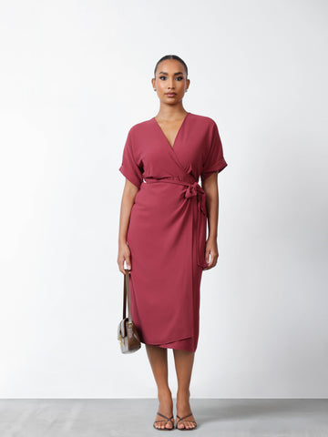 Mock Wrap Midi Dress