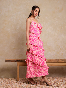 Frill Detailed Printed Maxi Dress