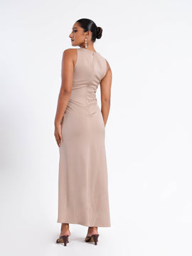 Side Ruched Slit Detailed High Neck Satin Midi Dress