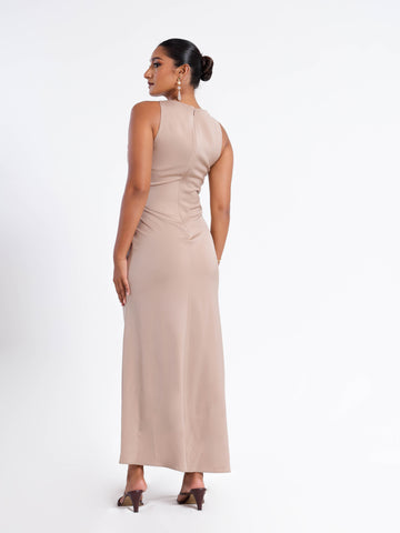 Side Ruched Slit Detailed High Neck Satin Midi Dress