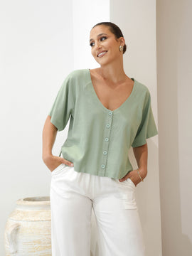 Deep Neck Button Down Loose Fit Top