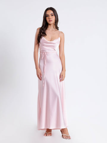 Cowl Neck Flared Satin Maxi Dress