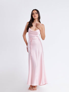 Cowl Neck Flared Satin Maxi Dress