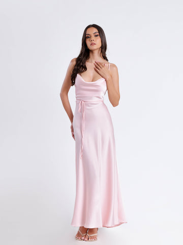 Cowl Neck Flared Satin Maxi Dress