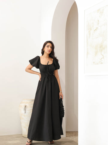 Bustier Detailed Puff Sleeved Maxi Dress