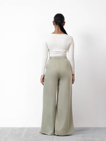 Pleated Flap Detail Wide Leg Pant