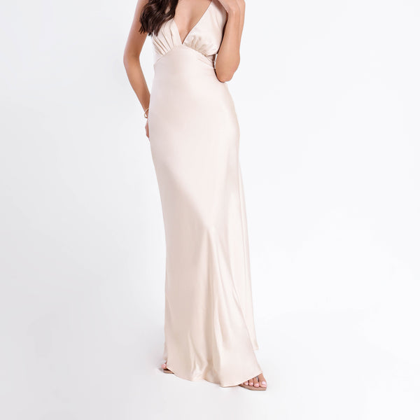 Bustier Detailed Halter Neck Bias Satin Maxi Dress