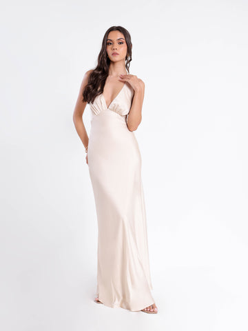 Bustier Detailed Halter Neck Bias Satin Maxi Dress