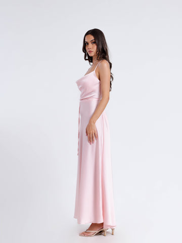 Cowl Neck Flared Satin Maxi Dress