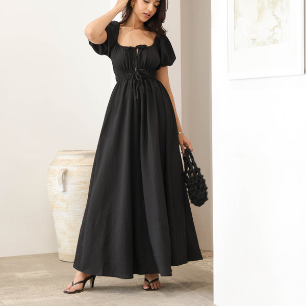 Bustier Detailed Puff Sleeved Maxi Dress