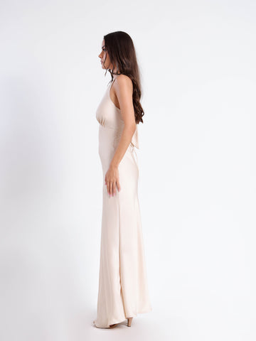 Bustier Detailed Halter Neck Bias Satin Maxi Dress