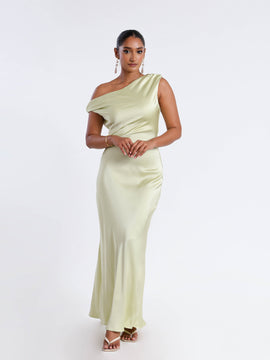 Off Shoulder Bias Satin Maxi Dress