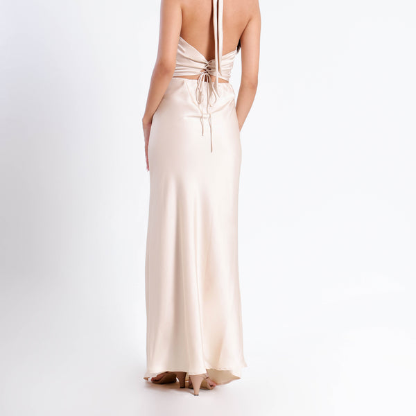 Bustier Detailed Halter Neck Bias Satin Maxi Dress