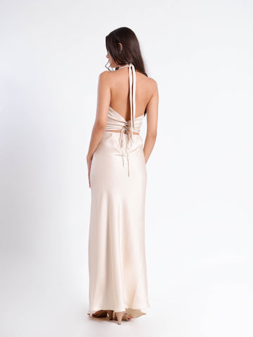 Bustier Detailed Halter Neck Bias Satin Maxi Dress