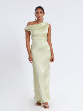 Off Shoulder Bias Satin Maxi Dress