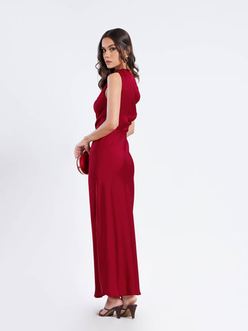 Off Shoulder Bias Satin Maxi Dress