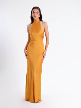 Halter Neck Back Tie Up Bias Satin Maxi Dress