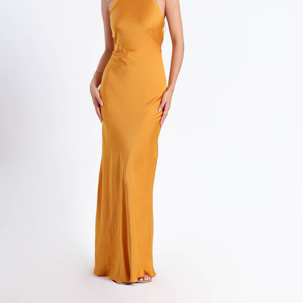 Halter Neck Back Tie Up Bias Satin Maxi Dress