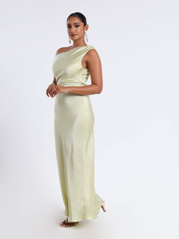 Off Shoulder Bias Satin Maxi Dress