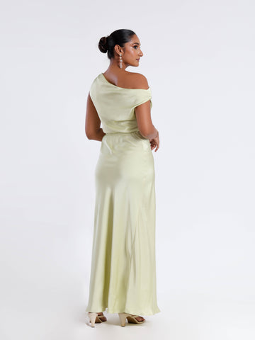 Off Shoulder Bias Satin Maxi Dress