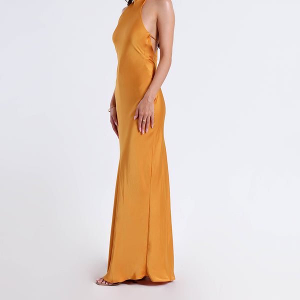 Halter Neck Back Tie Up Bias Satin Maxi Dress