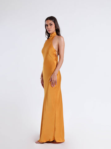 Halter Neck Back Tie Up Bias Satin Maxi Dress