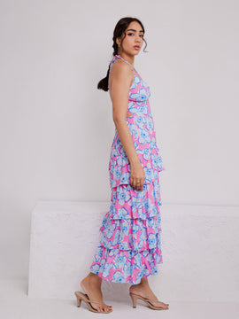 Back Tie Up Layered Printed Maxi Dress