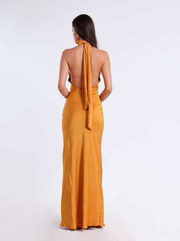 Halter Neck Back Tie Up Bias Satin Maxi Dress