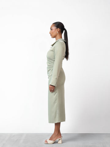 Pleat Detail Long Sleeve Midi Dress