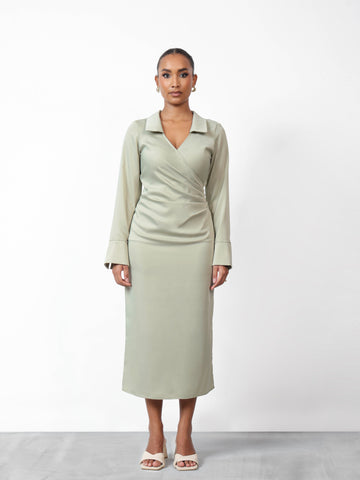 Pleat Detail Long Sleeve Midi Dress