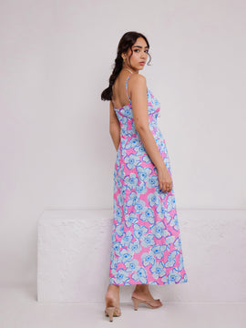 Front Ruched Sleeveless Printed Maxi Dress