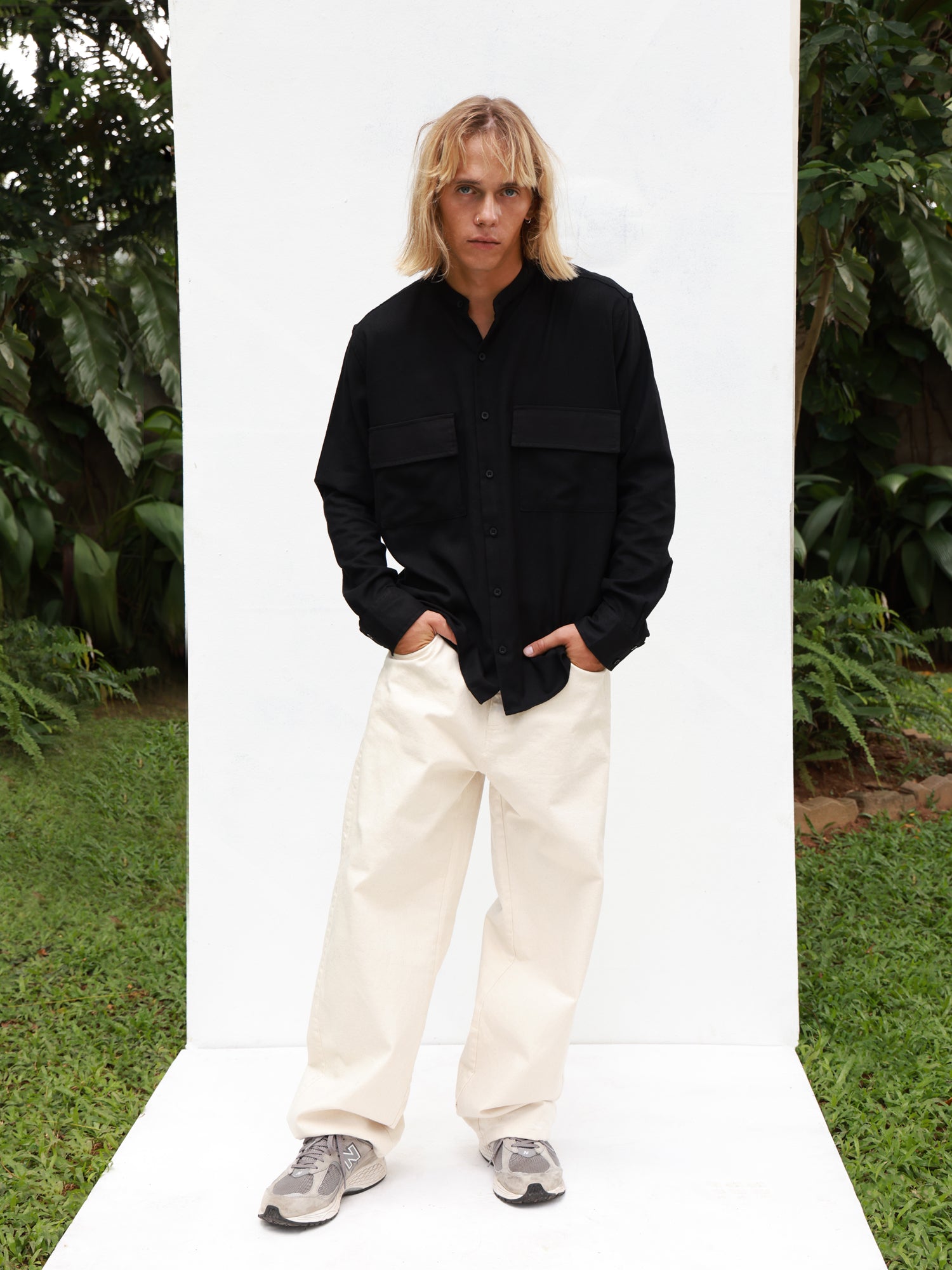 Oversized L/S chinese collar shirt