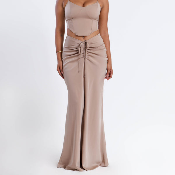 Front Ruched Satin Maxi Skirt