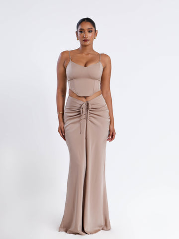 Front Ruched Satin Maxi Skirt