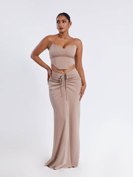 Front Ruched Satin Maxi Skirt